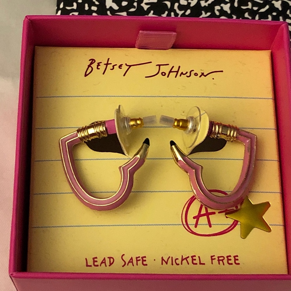 Betsey Johnson Back To School Pink Enamel Heart Shaped Pencil Hoop Earrings NIB
